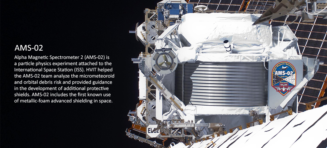 Alpha Magnetic Spectrometer 2 (AMS-02, pictured) is a particle physics experiment attached to the International Space Station (ISS). HVIT helped the AMS-02 team analyze the micrometeoroid and orbital debris risk and provided guidance in the development of additional protective shields. AMS-02 includes the first known use of metallic-foam advanced shielding in space.