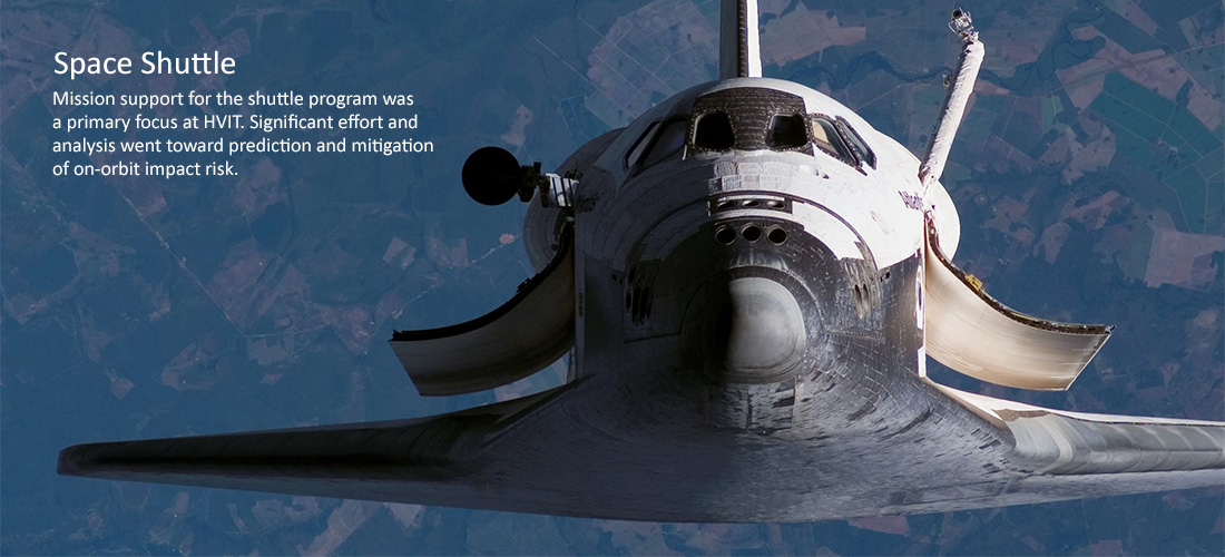 Space Shuttle (pictured): Mission support for the shuttle program was a primary focus at HVIT. Significant effort and analysis went toward prediction and mitigation of on-orbit impact risk.